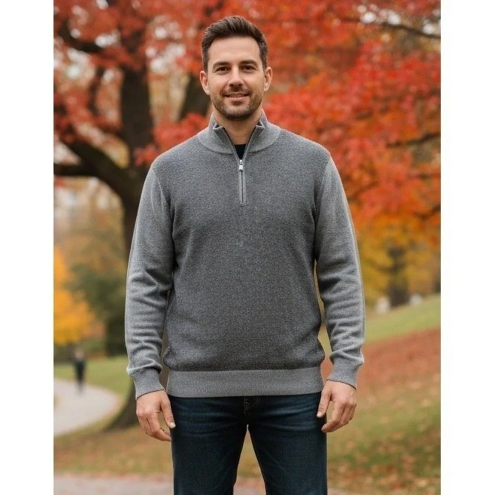 Brooks Brothers Cashmere Quarter Zip Sweater Men's XL Gray Cotton Travel Outdoor